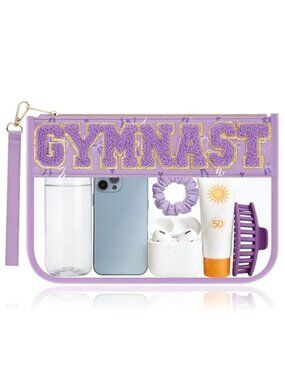 Clear PVC Gymnastics Makeup Bag Chenille Letter Travel Pouch Waterproof